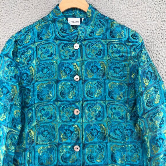 Chicos Jacket Womens 0 US 4 Green Blue Floral Silk Blend Button Asian Shimmer - Picture 2 of 9